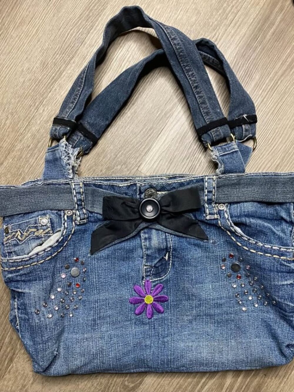 Vintage Y2K Denim Shoulder Bag Rhinestone Embellished Purple Embroidered Floral